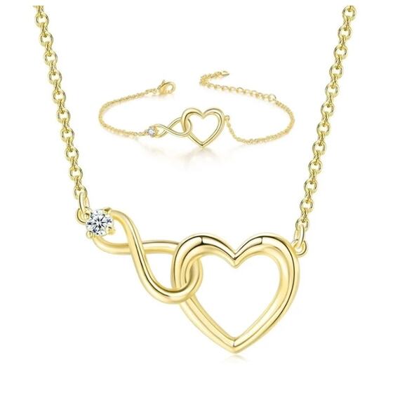 Infinity Heart Set - Gold - CZs - 16-18" Necklace & Bracelet - Picture 1 of 3